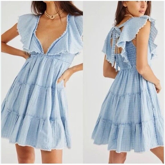 Free People Undone Mini Flutter Sleeve Dress Blue Small Raw Hemline Festival - Picture 1 of 11